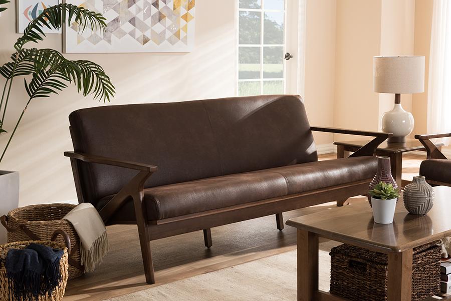 Baxton Studio Bianca Mid-Century Modern Walnut Wood Dark Brown Distressed Faux Leather 3-Seater Sofa