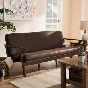 Baxton Studio Bianca Mid-Century Modern Walnut Wood Dark Brown Distressed Faux Leather 3-Seater Sofa