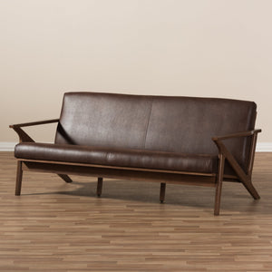 Baxton Studio Bianca Mid-Century Modern Walnut Wood Dark Brown Distressed Faux Leather 3-Seater Sofa