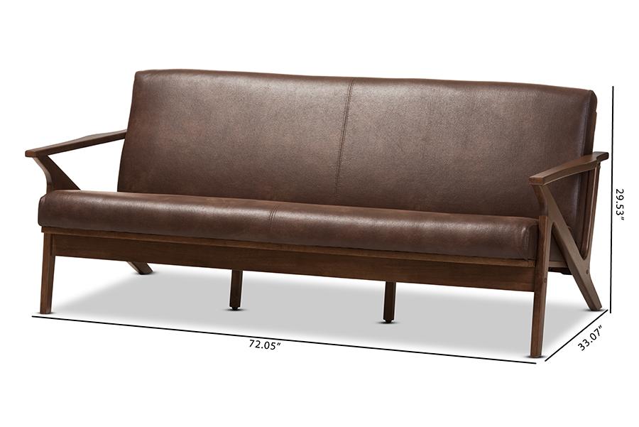 Baxton Studio Bianca Mid-Century Modern Walnut Wood Dark Brown Distressed Faux Leather 3-Seater Sofa