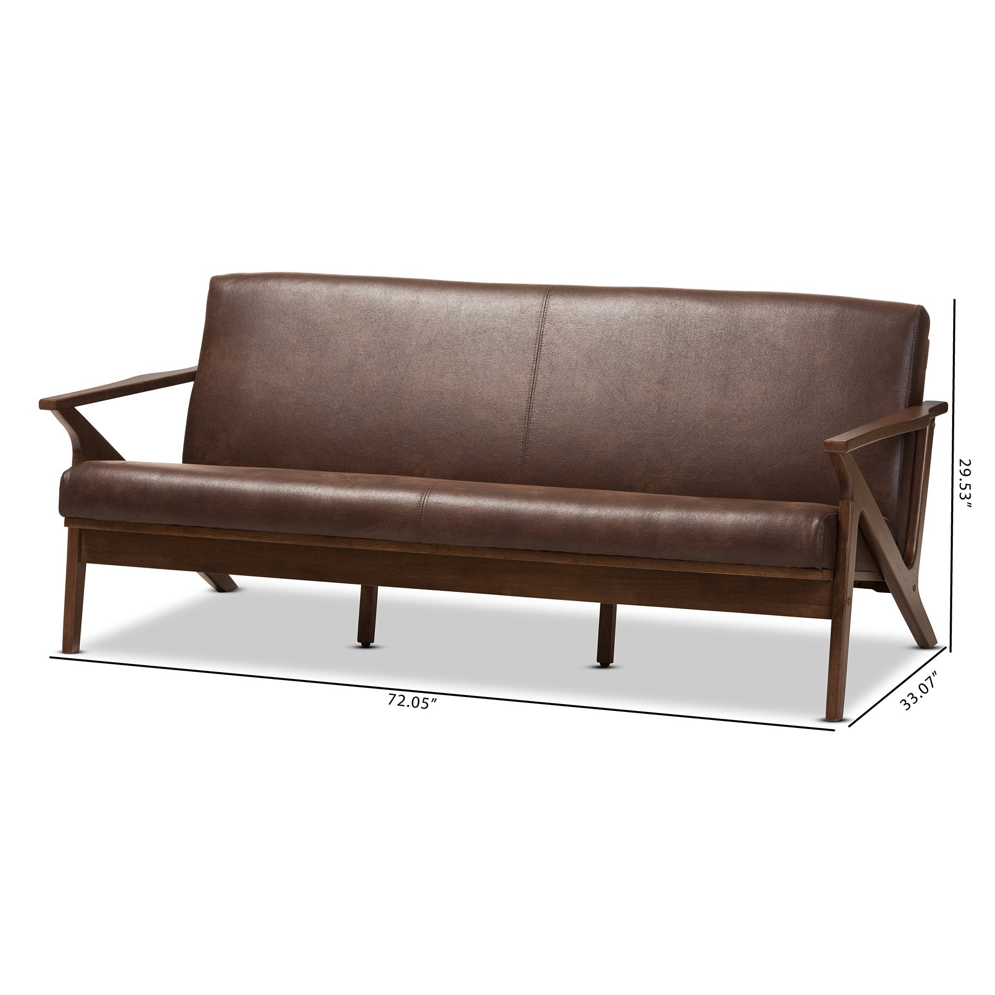 Baxton Studio Bianca Mid-Century Modern Walnut Wood Dark Brown Distressed Faux Leather 3-Seater Sofa