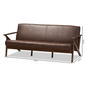 Baxton Studio Bianca Mid-Century Modern Walnut Wood Dark Brown Distressed Faux Leather 3-Seater Sofa