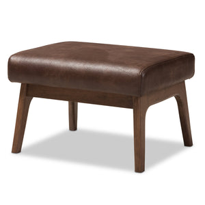 Baxton Studio Bianca Mid-Century Modern Walnut Wood Dark Brown Distressed Faux Leather Ottoman