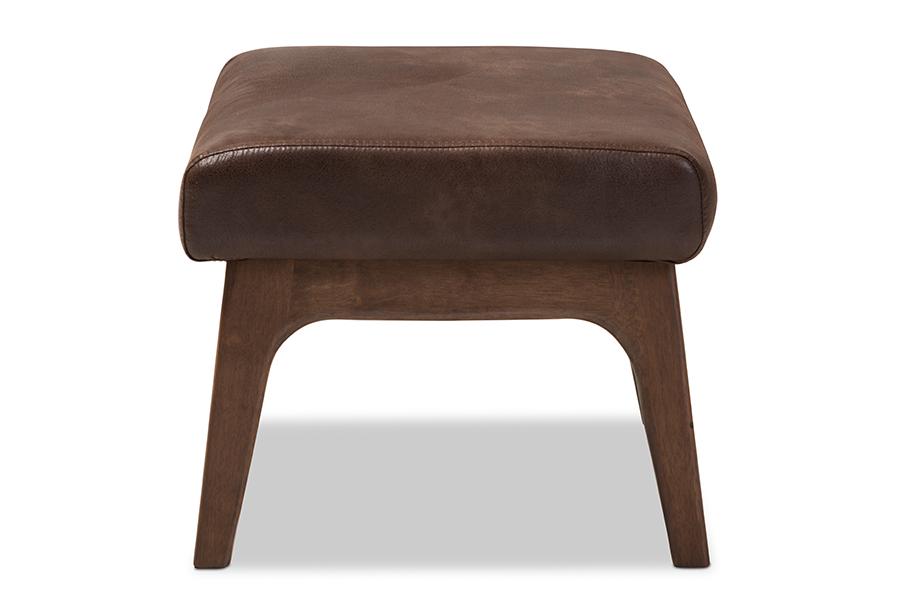 Baxton Studio Bianca Mid-Century Modern Walnut Wood Dark Brown Distressed Faux Leather Ottoman