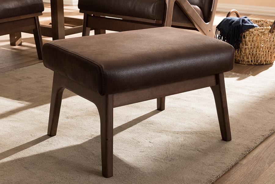 Baxton Studio Bianca Mid-Century Modern Walnut Wood Dark Brown Distressed Faux Leather Ottoman