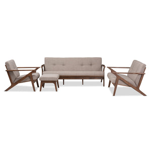 Baxton Studio Bianca Mid-Century Modern Walnut Wood Light Grey Fabric Tufted Livingroom Sofa Set