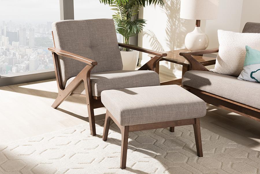 Baxton Studio Bianca Mid-Century Modern Walnut Wood Light Grey Fabric Tufted Lounge Chair And Ottoman Set