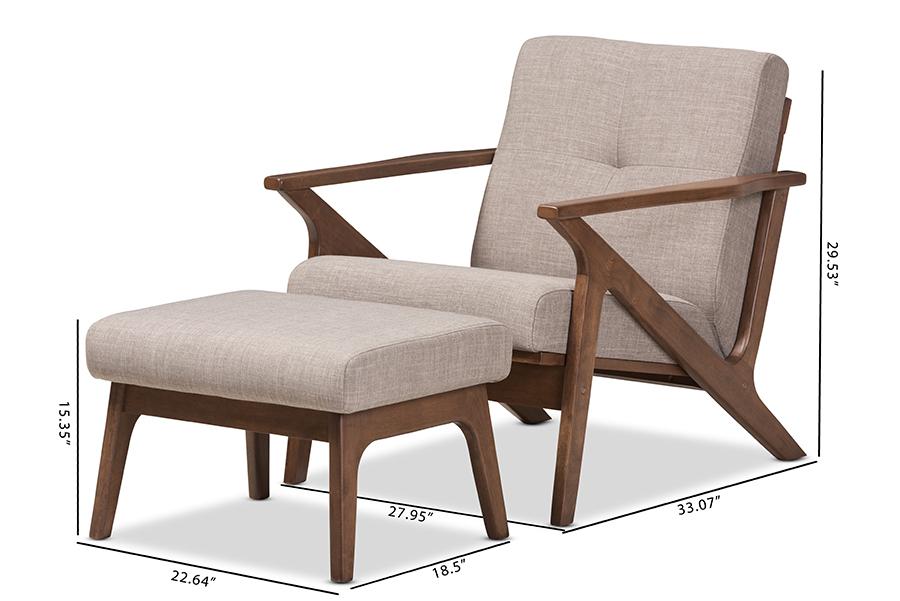 Baxton Studio Bianca Mid-Century Modern Walnut Wood Light Grey Fabric Tufted Lounge Chair And Ottoman Set