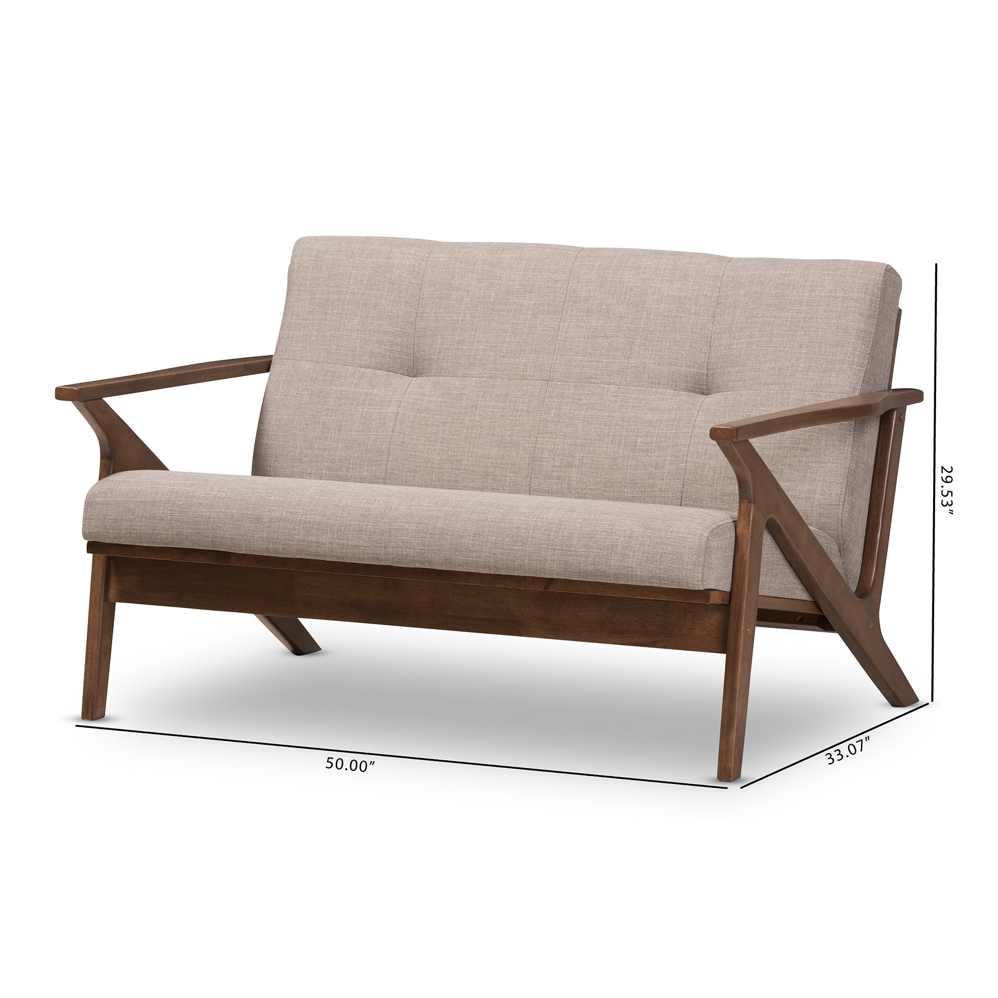 Baxton Studio Bianca Mid-Century Modern Walnut Wood Light Grey Fabric Tufted 2-Seater Loveseat