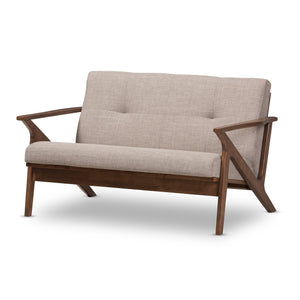 Baxton Studio Bianca Mid-Century Modern Walnut Wood Light Grey Fabric Tufted 2-Seater Loveseat