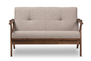 Baxton Studio Bianca Mid-Century Modern Walnut Wood Light Grey Fabric Tufted 2-Seater Loveseat