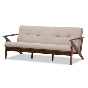 Baxton Studio Bianca Mid-Century Modern Walnut Wood Light Grey Fabric Tufted 3-Seater Sofa