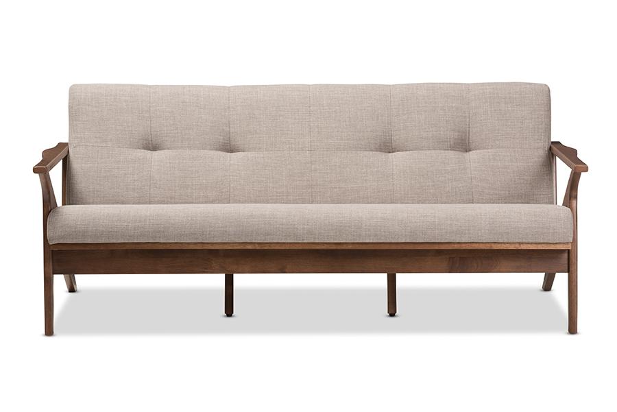 Baxton Studio Bianca Mid-Century Modern Walnut Wood Light Grey Fabric Tufted 3-Seater Sofa