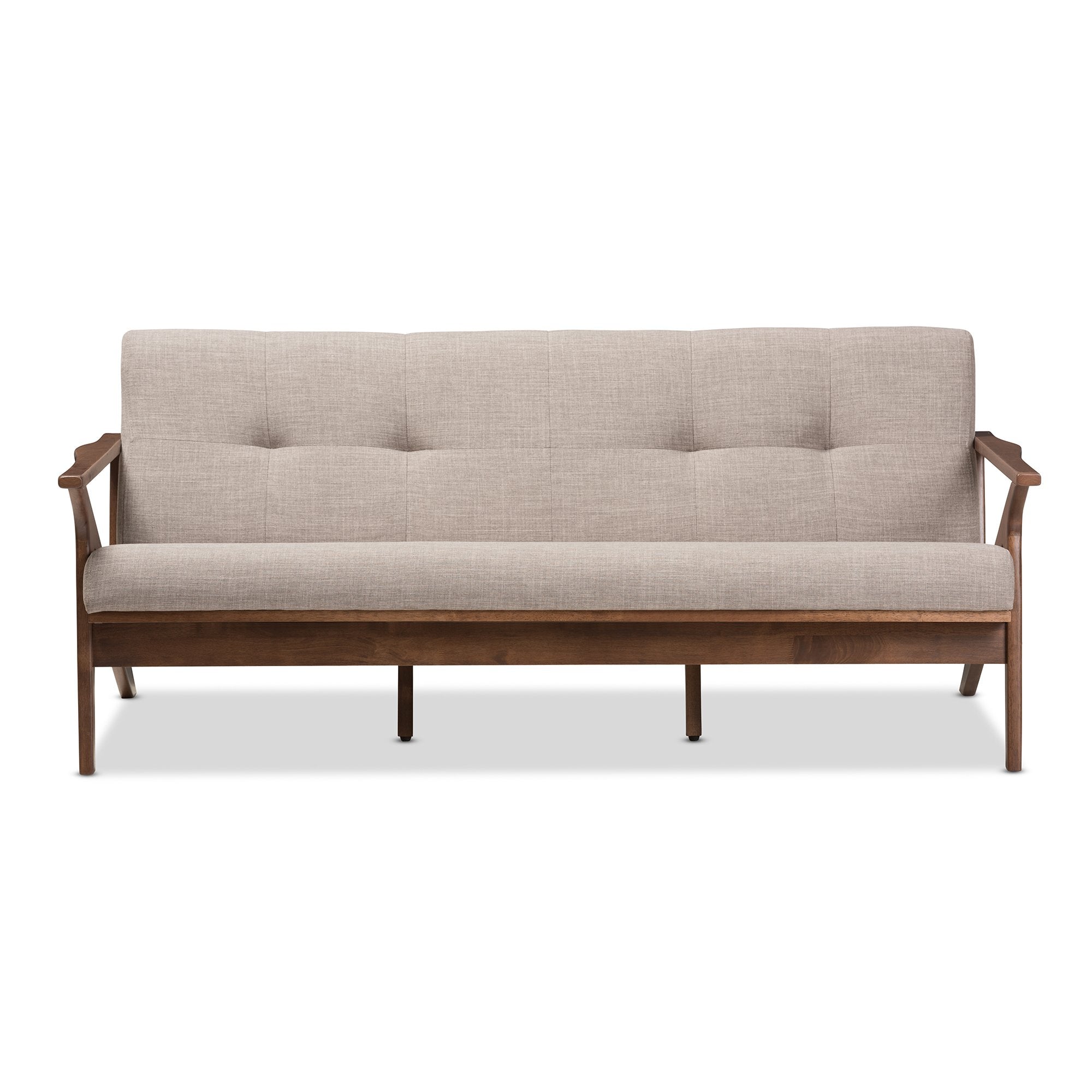 Baxton Studio Bianca Mid-Century Modern Walnut Wood Light Grey Fabric Tufted 3-Seater Sofa