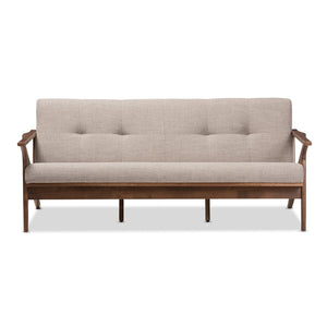 Baxton Studio Bianca Mid-Century Modern Walnut Wood Light Grey Fabric Tufted 3-Seater Sofa