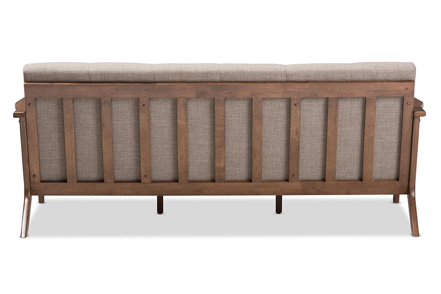 Baxton Studio Bianca Mid-Century Modern Walnut Wood Light Grey Fabric Tufted 3-Seater Sofa