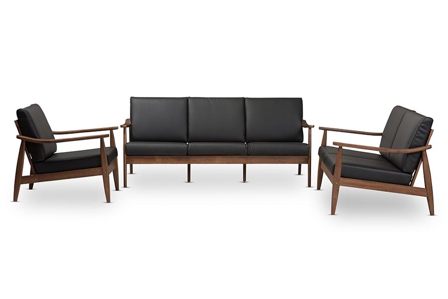 Baxton Studio Venza Mid-Century Modern Walnut Wood Black Faux Leather 3-Piece Livingroom Set