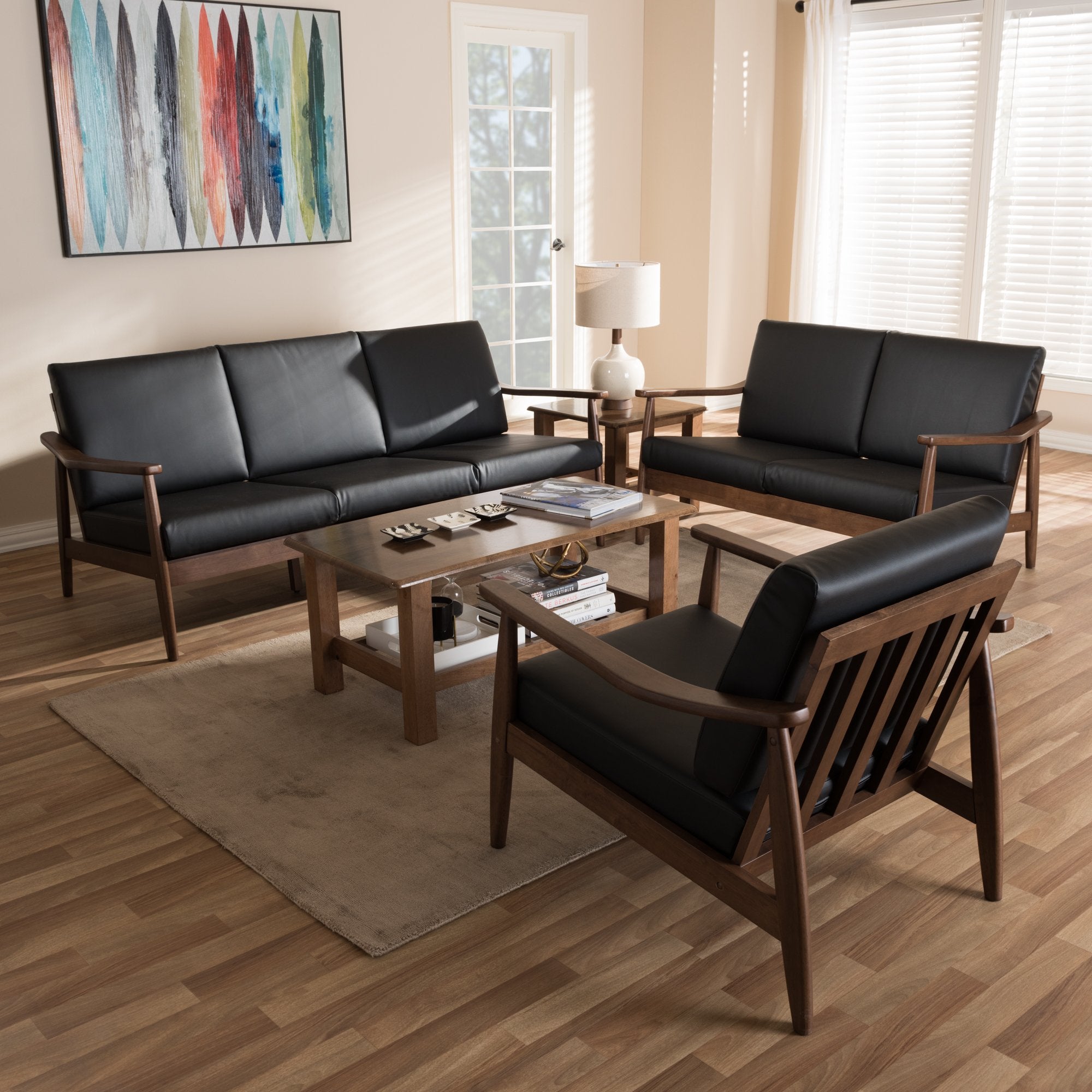 Baxton Studio Venza Mid-Century Modern Walnut Wood Black Faux Leather 3-Piece Livingroom Set