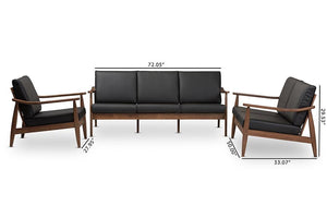 Baxton Studio Venza Mid-Century Modern Walnut Wood Black Faux Leather 3-Piece Livingroom Set