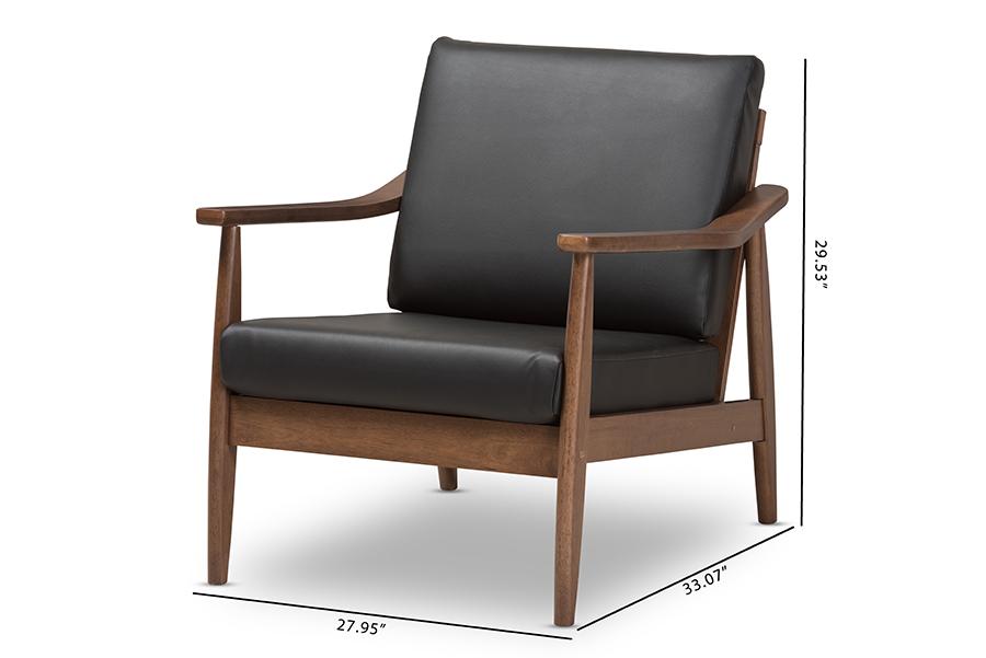 Baxton Studio Venza Mid-Century Modern Walnut Wood Black Faux Leather Lounge Chair