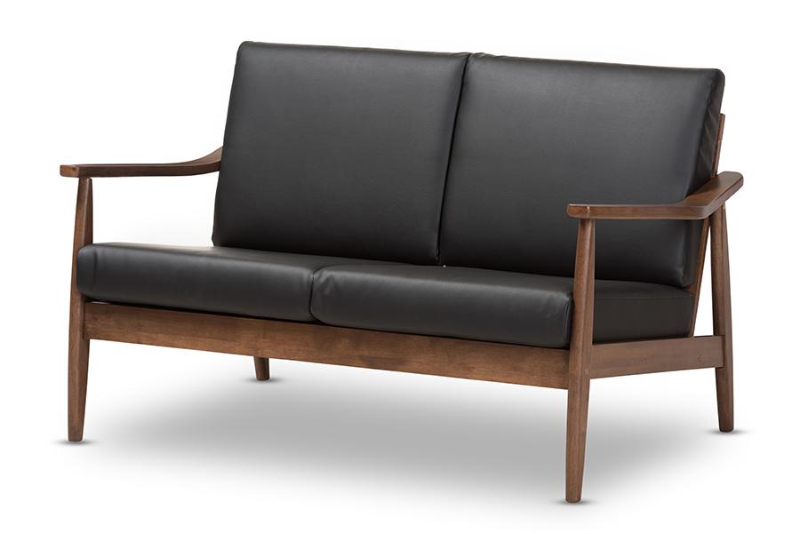 Baxton Studio Venza Mid-Century Modern Walnut Wood Black Faux Leather 2-Seater Loveseat