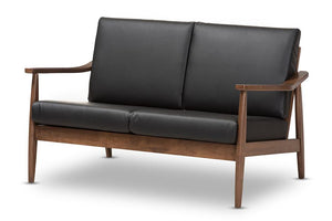 Baxton Studio Venza Mid-Century Modern Walnut Wood Black Faux Leather 2-Seater Loveseat