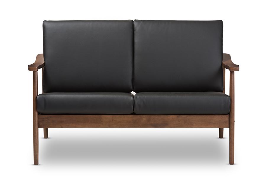 Baxton Studio Venza Mid-Century Modern Walnut Wood Black Faux Leather 2-Seater Loveseat