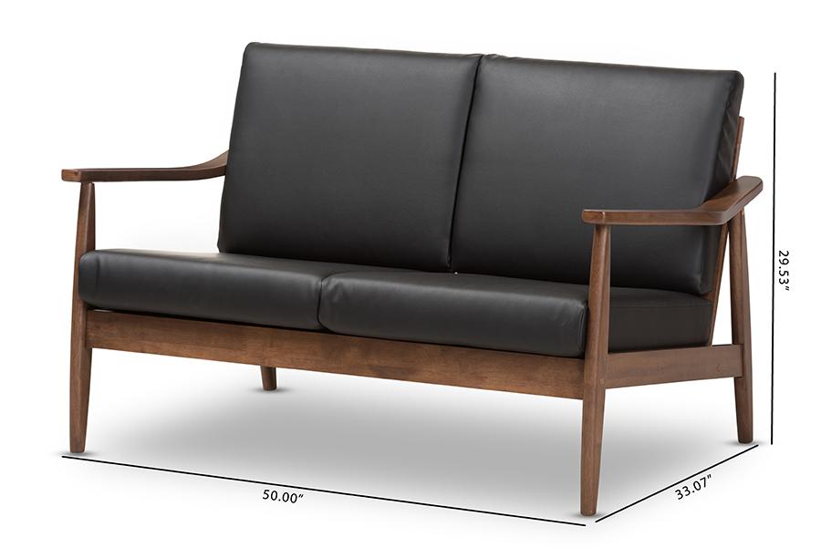 Baxton Studio Venza Mid-Century Modern Walnut Wood Black Faux Leather 2-Seater Loveseat