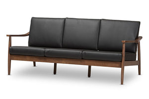 Baxton Studio Venza Mid-Century Modern Walnut Wood Black Faux Leather 3-Seater Sofa