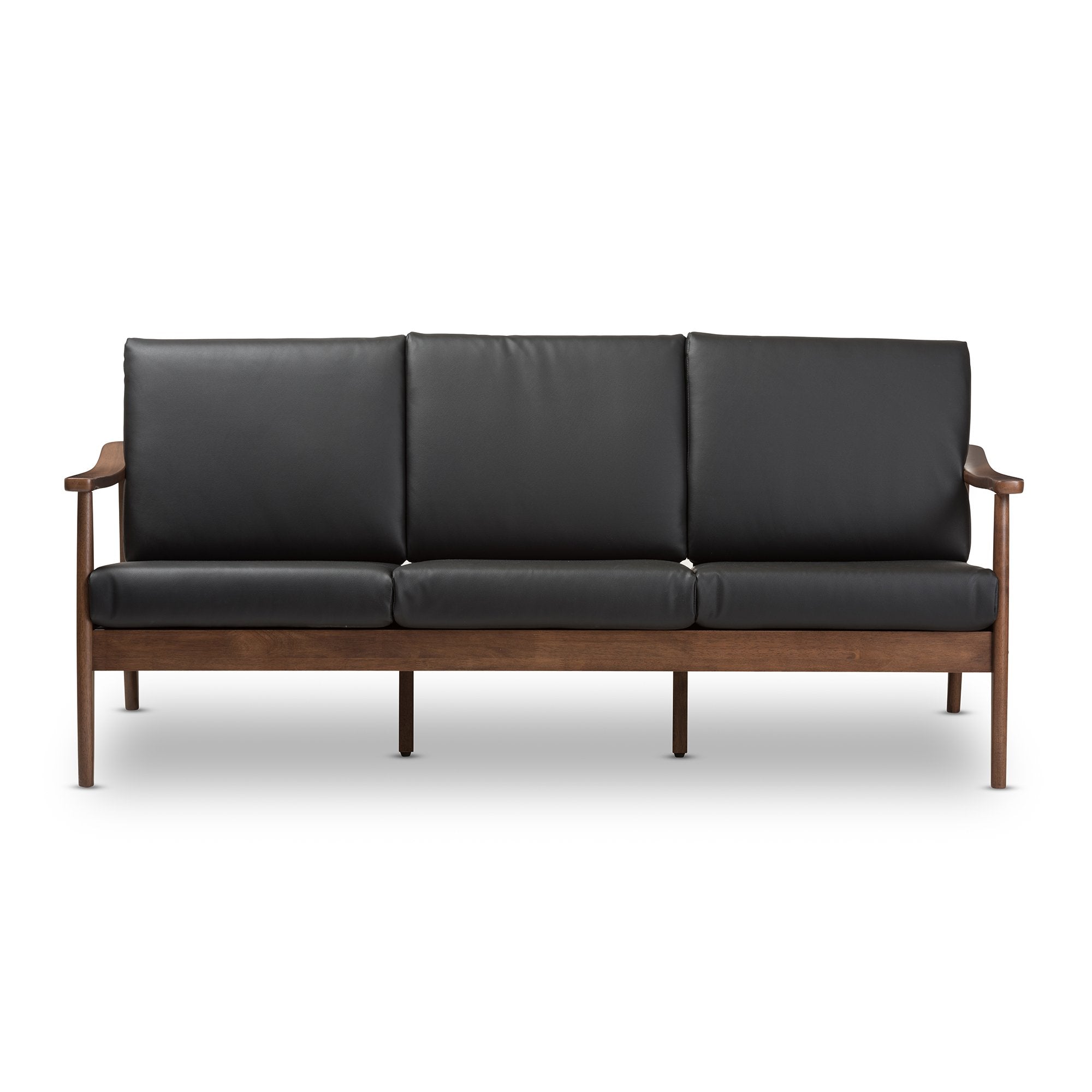 Baxton Studio Venza Mid-Century Modern Walnut Wood Black Faux Leather 3-Seater Sofa