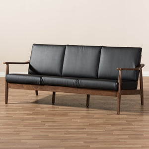 Baxton Studio Venza Mid-Century Modern Walnut Wood Black Faux Leather 3-Seater Sofa