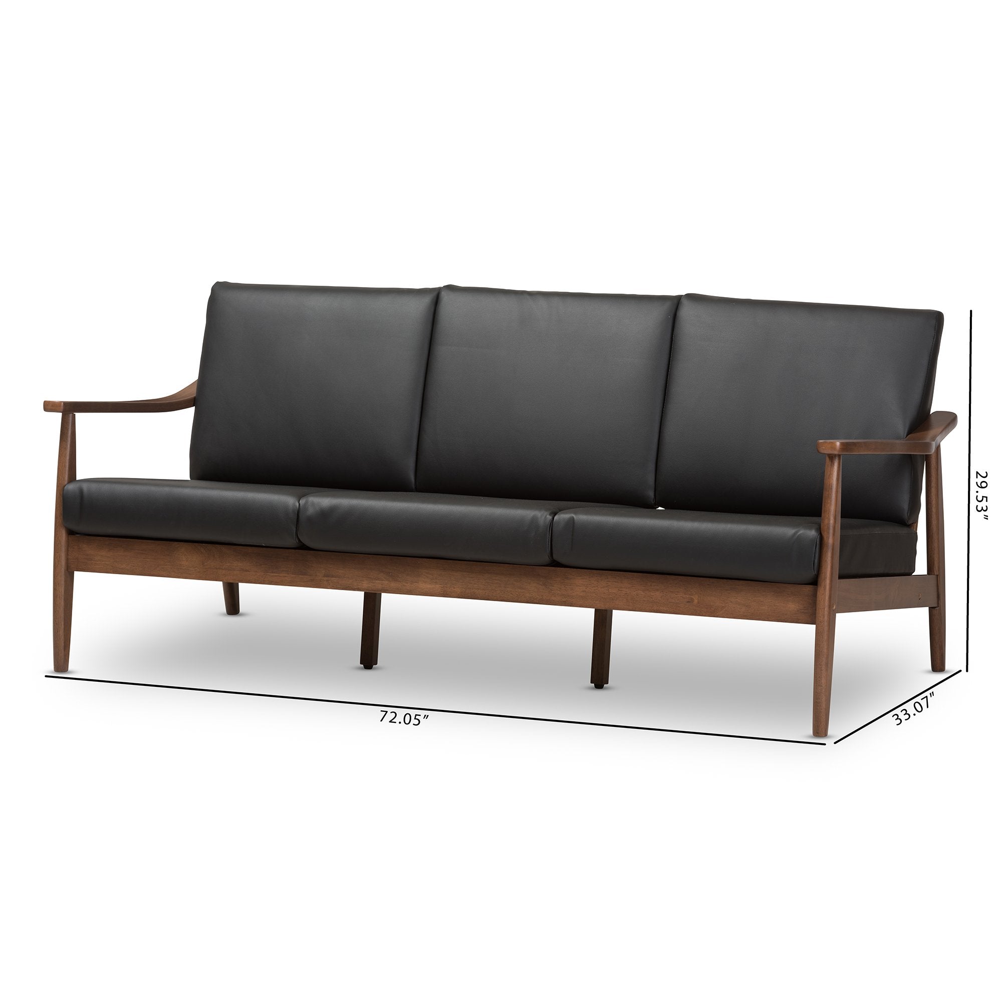 Baxton Studio Venza Mid-Century Modern Walnut Wood Black Faux Leather 3-Seater Sofa