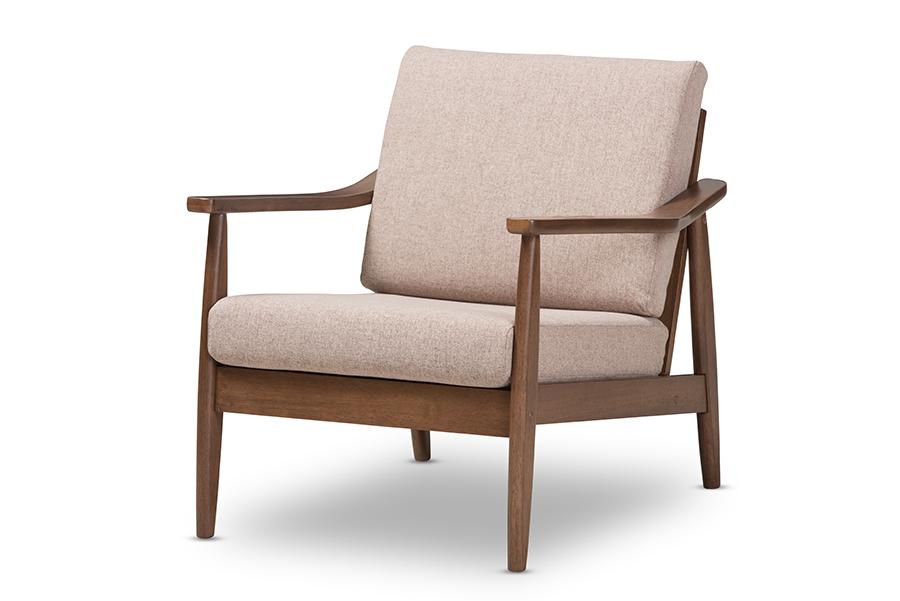 Baxton Studio Venza Mid-Century Modern Walnut Wood Light Brown Fabric Upholstered Lounge Chair