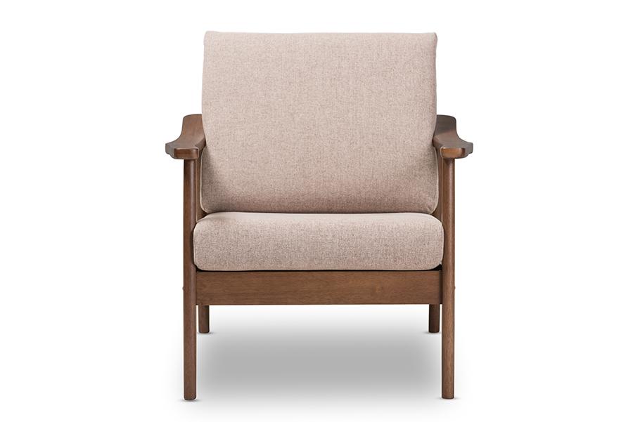 Baxton Studio Venza Mid-Century Modern Walnut Wood Light Brown Fabric Upholstered Lounge Chair