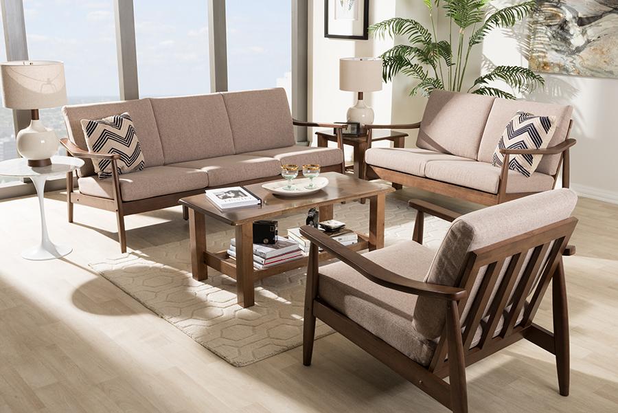 Baxton Studio Venza Mid-Century Modern Walnut Wood Light Brown Fabric Upholstered 3-Piece Livingroom Set