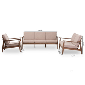 Baxton Studio Venza Mid-Century Modern Walnut Wood Light Brown Fabric Upholstered 3-Piece Livingroom Set