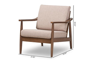 Baxton Studio Venza Mid-Century Modern Walnut Wood Light Brown Fabric Upholstered Lounge Chair