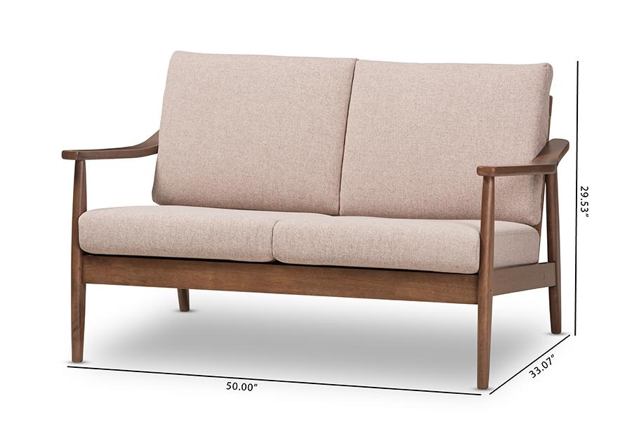 Baxton Studio Venza Mid-Century Modern Walnut Wood Light Brown Fabric Upholstered 2-Seater Loveseat