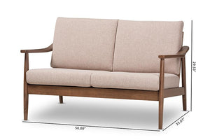 Baxton Studio Venza Mid-Century Modern Walnut Wood Light Brown Fabric Upholstered 2-Seater Loveseat