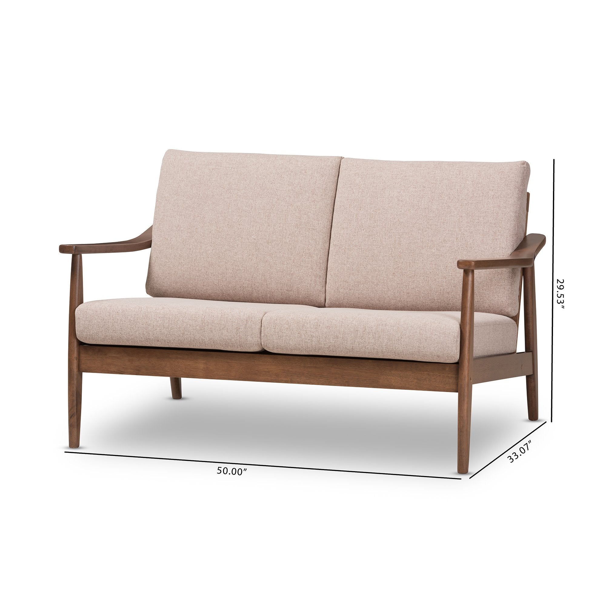 Baxton Studio Venza Mid-Century Modern Walnut Wood Light Brown Fabric Upholstered 2-Seater Loveseat