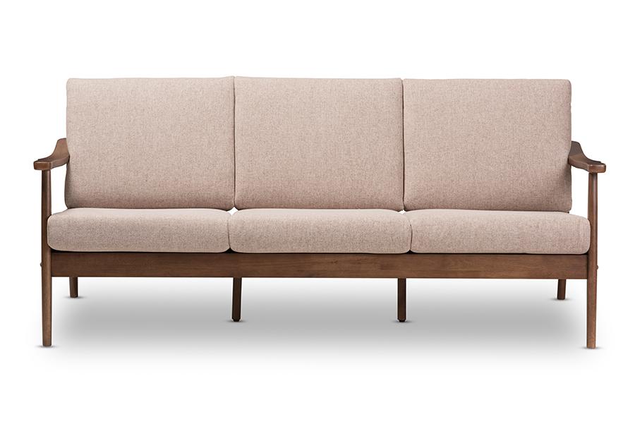 Baxton Studio Venza Mid-Century Modern Walnut Wood Light Brown Fabric Upholstered 3-Seater Sofa