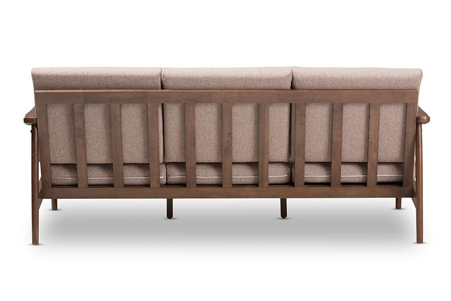 Baxton Studio Venza Mid-Century Modern Walnut Wood Light Brown Fabric Upholstered 3-Seater Sofa