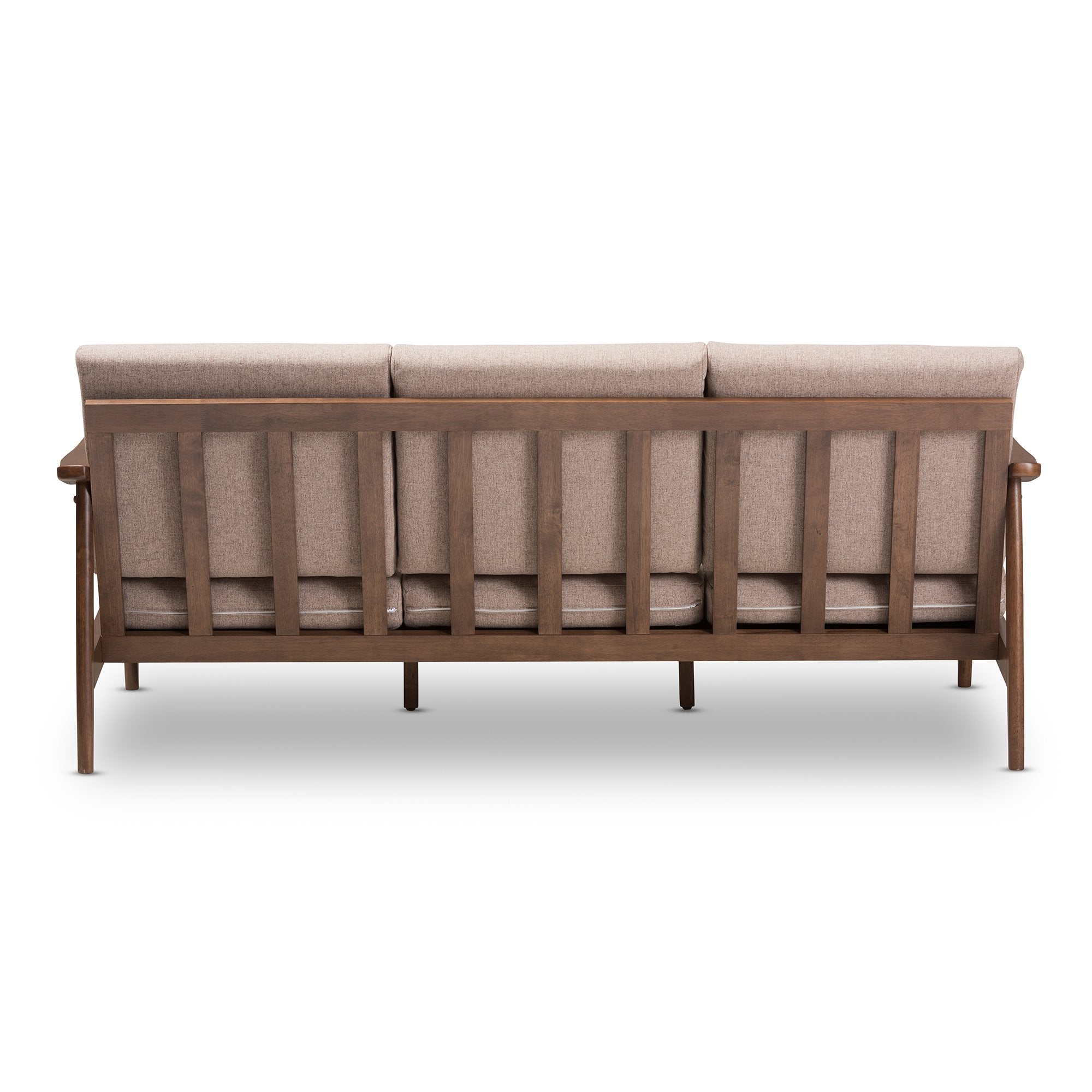 Baxton Studio Venza Mid-Century Modern Walnut Wood Light Brown Fabric Upholstered 3-Seater Sofa