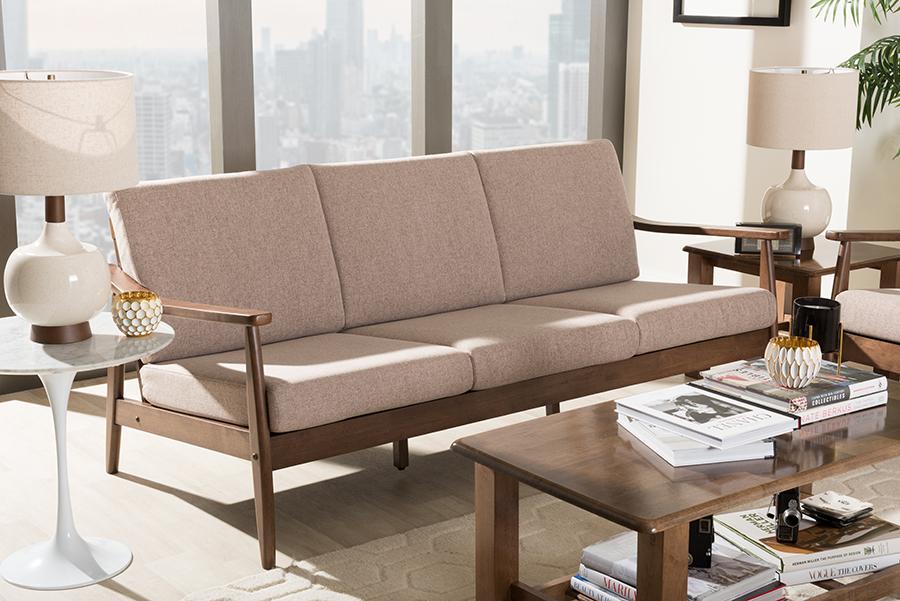 Baxton Studio Venza Mid-Century Modern Walnut Wood Light Brown Fabric Upholstered 3-Seater Sofa