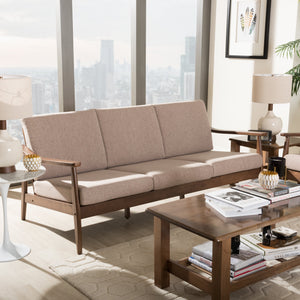 Baxton Studio Venza Mid-Century Modern Walnut Wood Light Brown Fabric Upholstered 3-Seater Sofa