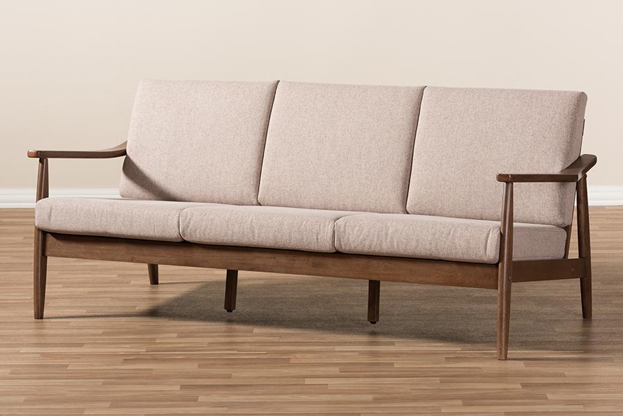 Baxton Studio Venza Mid-Century Modern Walnut Wood Light Brown Fabric Upholstered 3-Seater Sofa