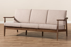 Baxton Studio Venza Mid-Century Modern Walnut Wood Light Brown Fabric Upholstered 3-Seater Sofa