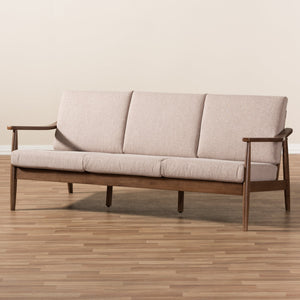 Baxton Studio Venza Mid-Century Modern Walnut Wood Light Brown Fabric Upholstered 3-Seater Sofa