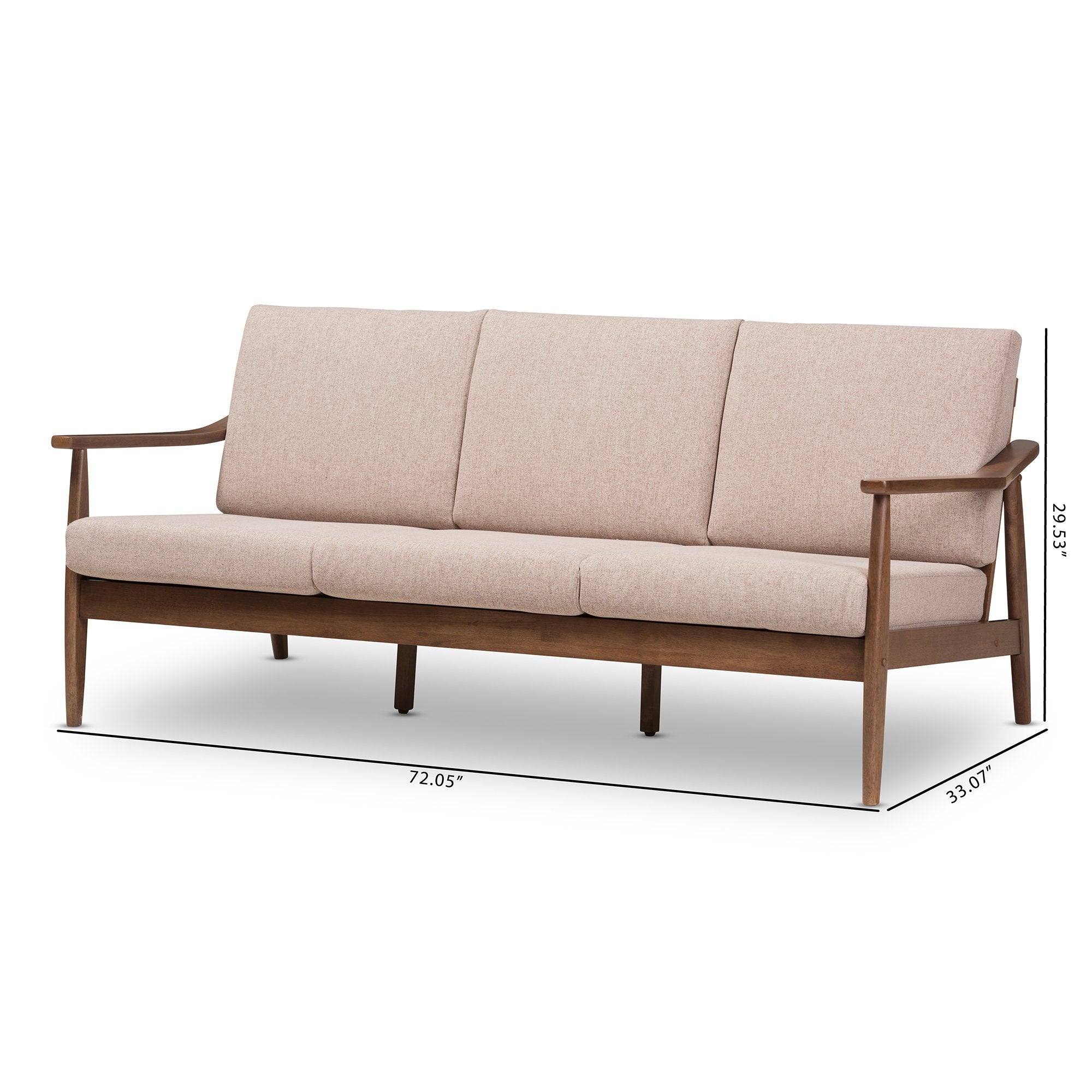 Baxton Studio Venza Mid-Century Modern Walnut Wood Light Brown Fabric Upholstered 3-Seater Sofa