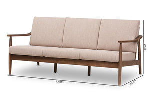 Baxton Studio Venza Mid-Century Modern Walnut Wood Light Brown Fabric Upholstered 3-Seater Sofa